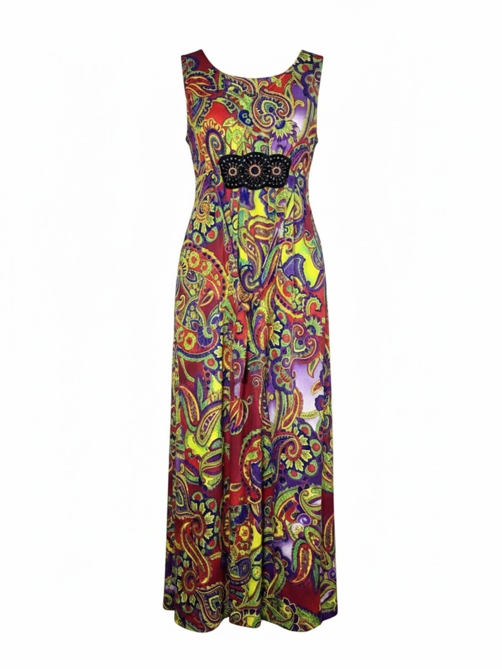 New Directions XL Paisley Maxi Dress Boho Neon Bright Beaded Empire Waist
